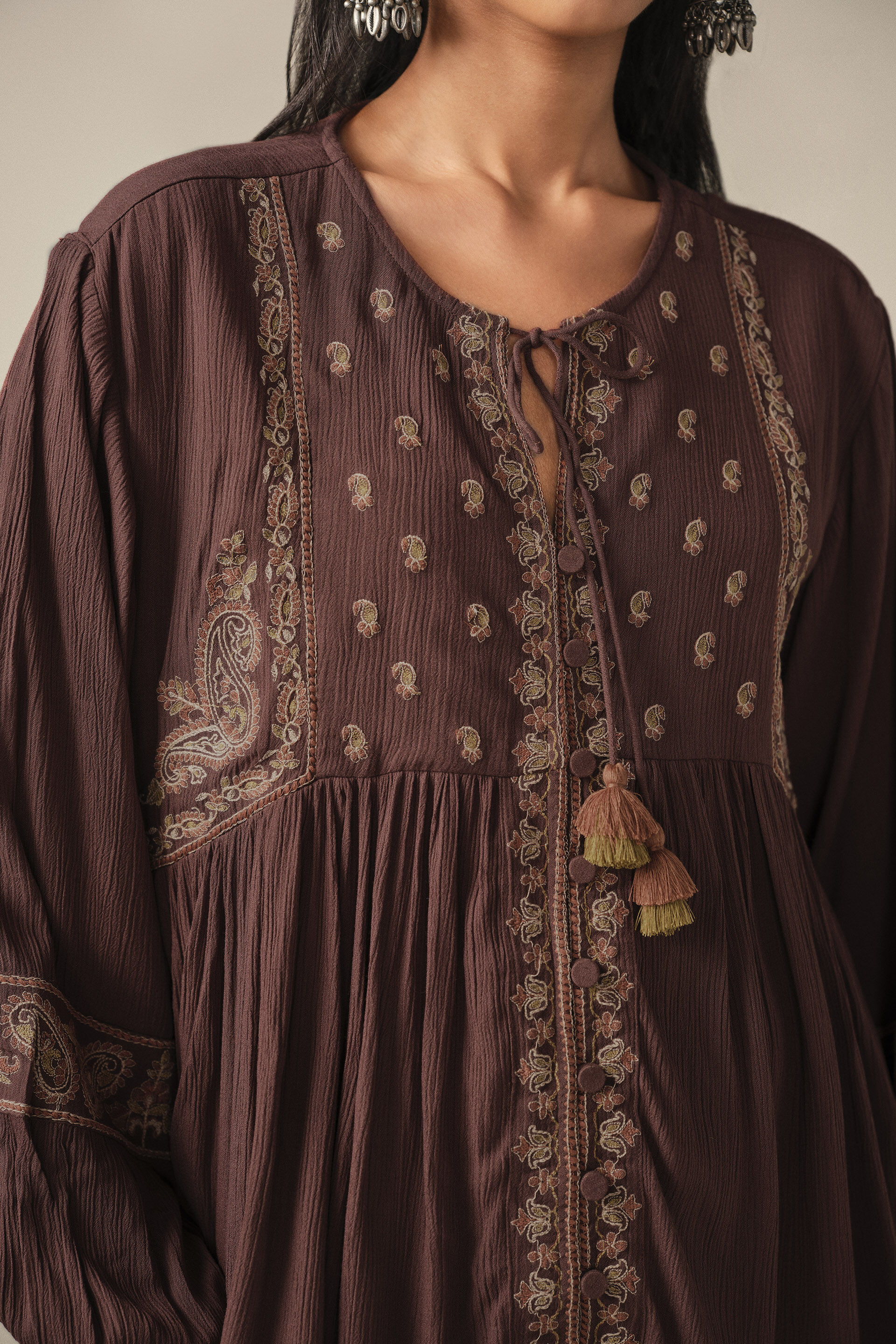 Embroidered Peasant Top in Brown, Brown, image 3